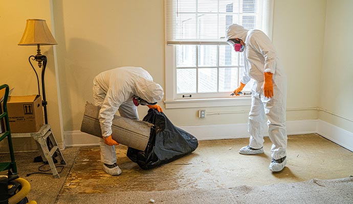 Two technicians performing a biohazard trauma cleanup