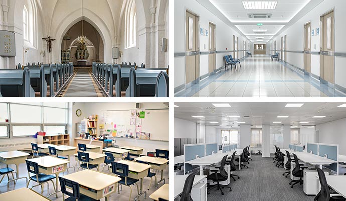 Collage of church, hospital, classroom and office