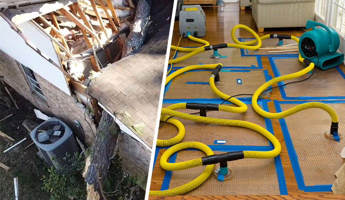 Collage of storm damaged roof and water damage restoration