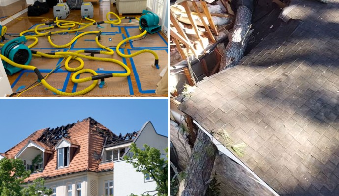 Collage of water, fire and storm damaged property