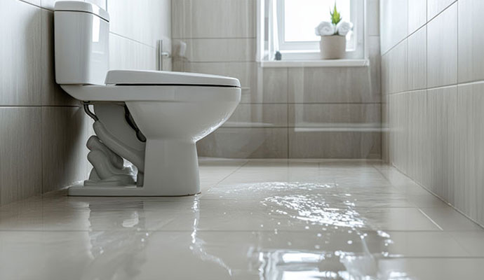 Modern tiled bathroom with wet floor surface