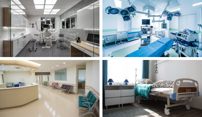 Collage of dentists, hospitals, er-centers, and patient room