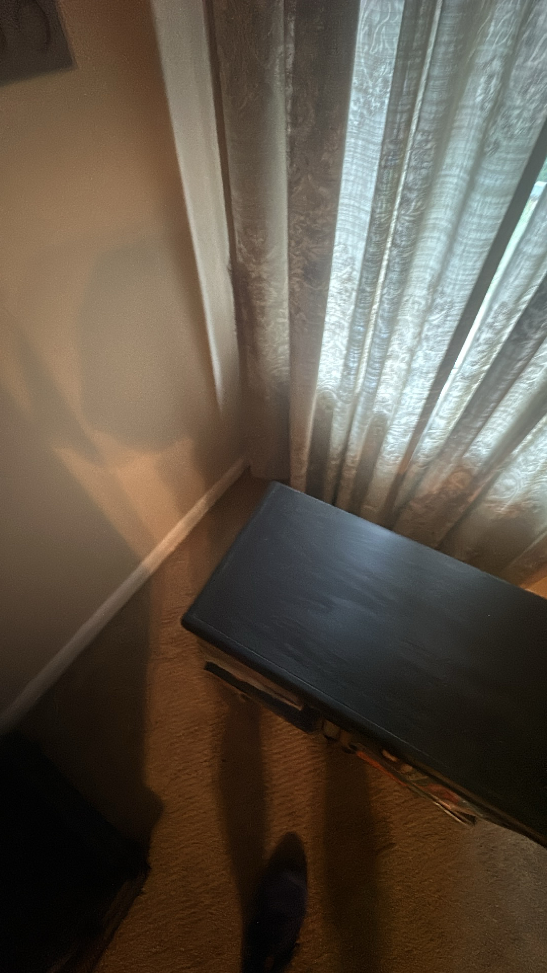Tracking carpet water damage and baseboard moisture migration tucked behind heavy bedroom furniture.