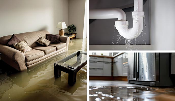 Flood damaged living space, plumbing leakage and leaked refrigerator
