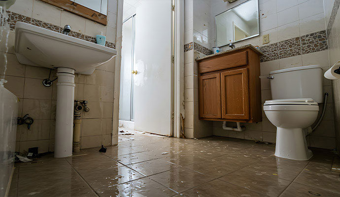 Water-damaged toilet with water on bathroom floor