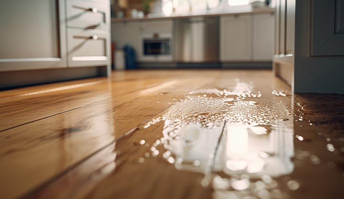 Wooden floor damaged by water in kitchen