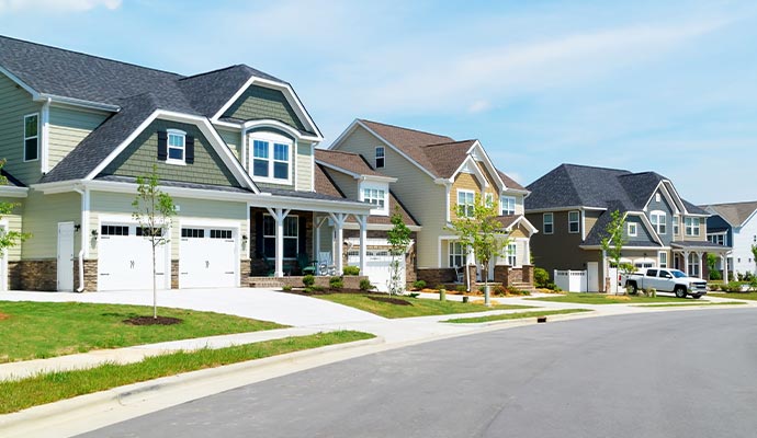 Wide view of residential townhouses